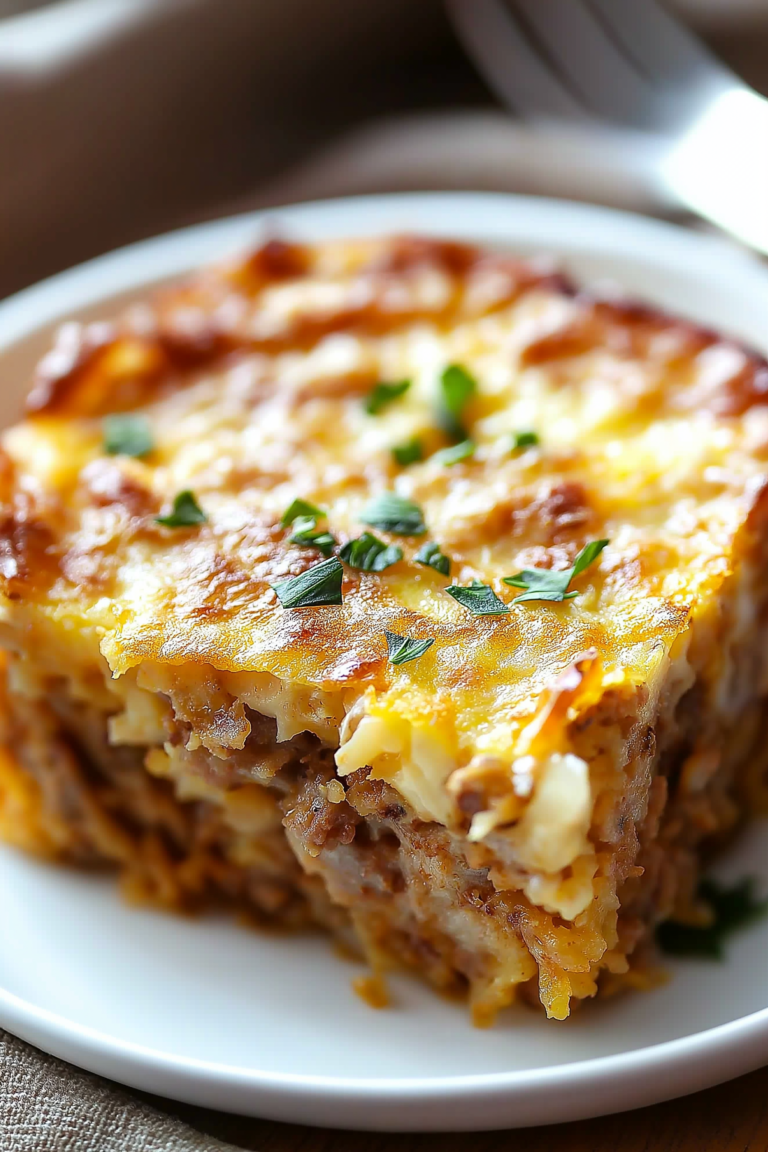 Sausage, Egg & Cream Cheese Hash Brown Breakfast Casserole – Cheesy, Hearty & Make-Ahead Friendly