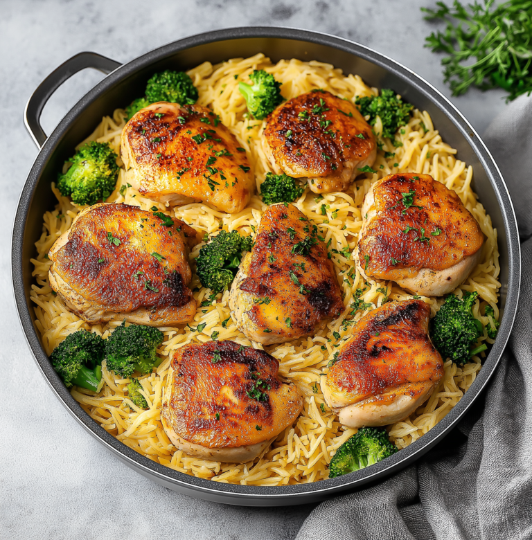 SKILLET CHICKEN THIGHS WITH BROCCOLI CHEDDAR ORZO