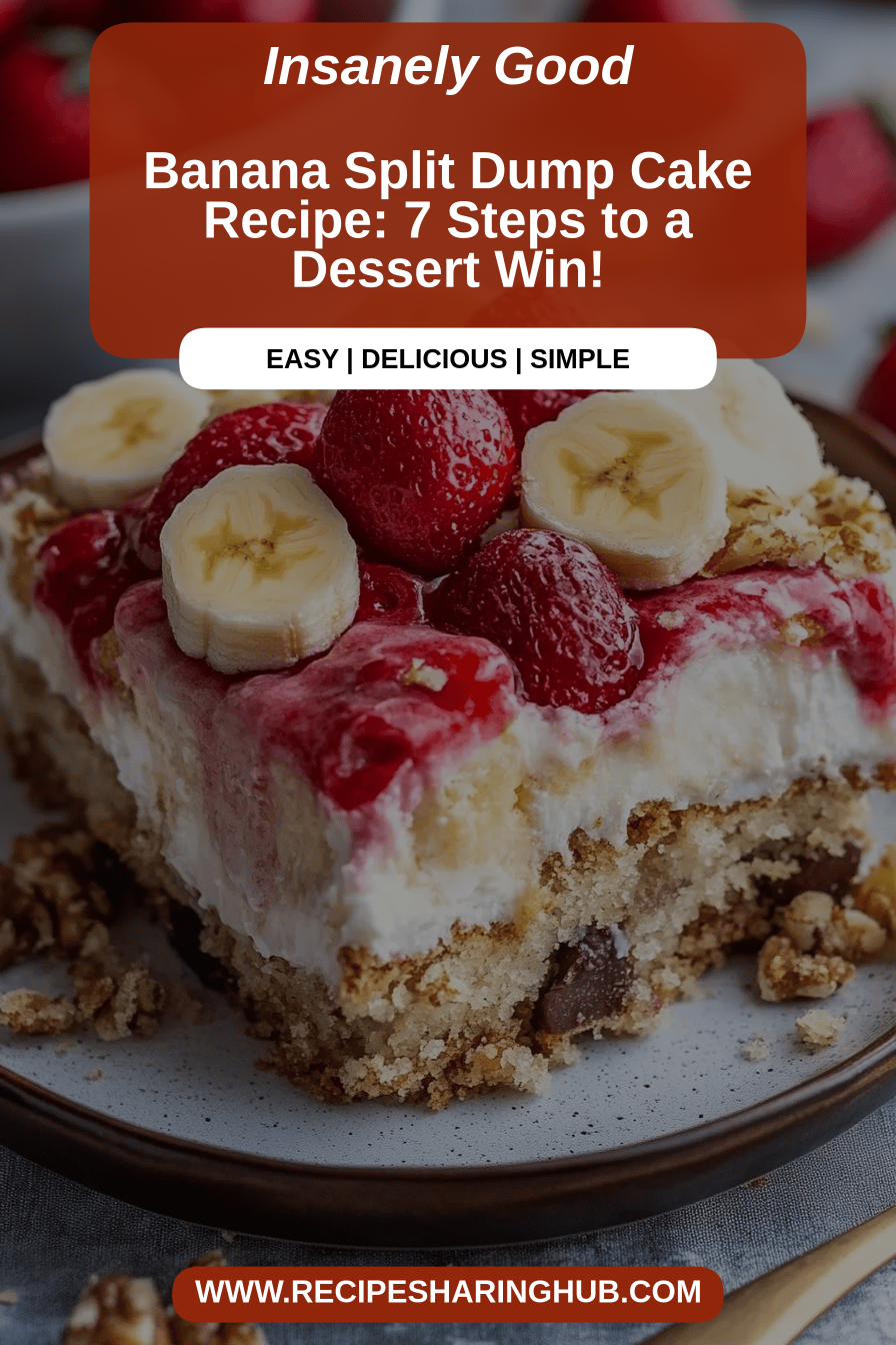 Banana Split Dump Cake final dish beautifully presented and ready to serve