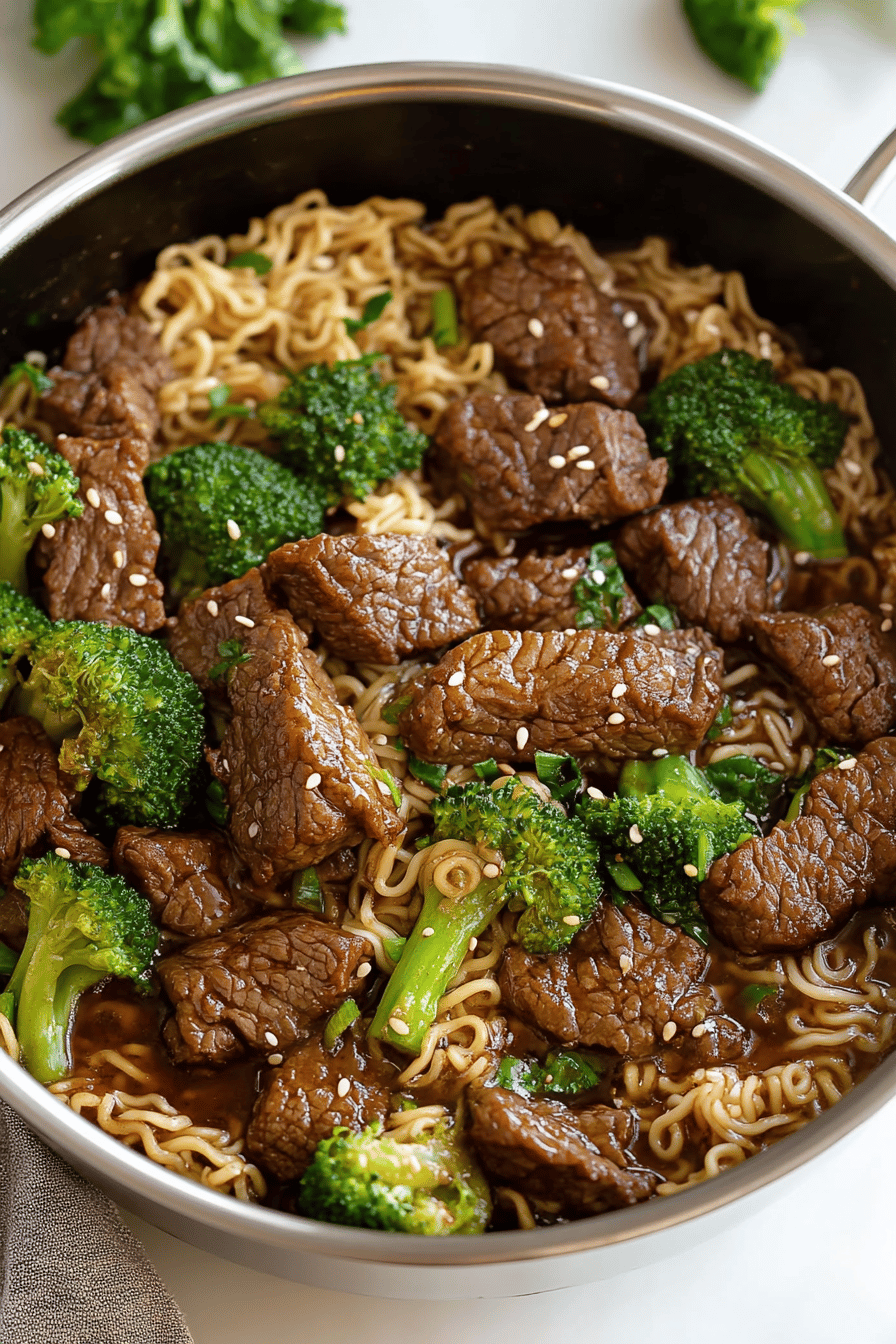 Beef Broccoli Ramen ingredients organized and measured on kitchen counter