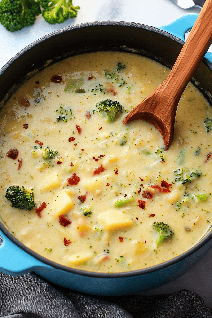 Broccoli Potato Soup slice on plate showing perfect texture and swirl pattern