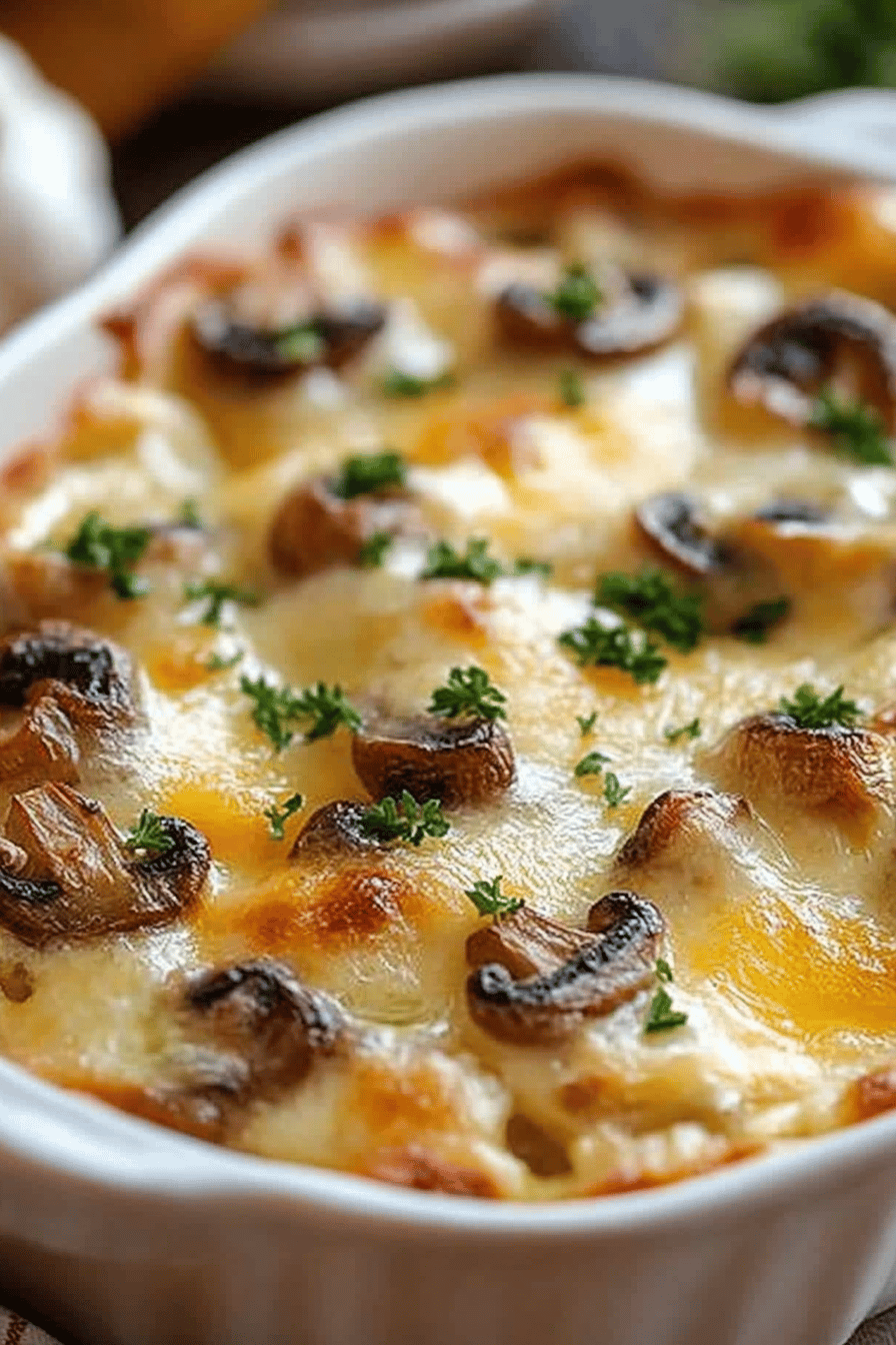 Cheesy Mushrooms Casserole slice on plate showing perfect texture and swirl pattern