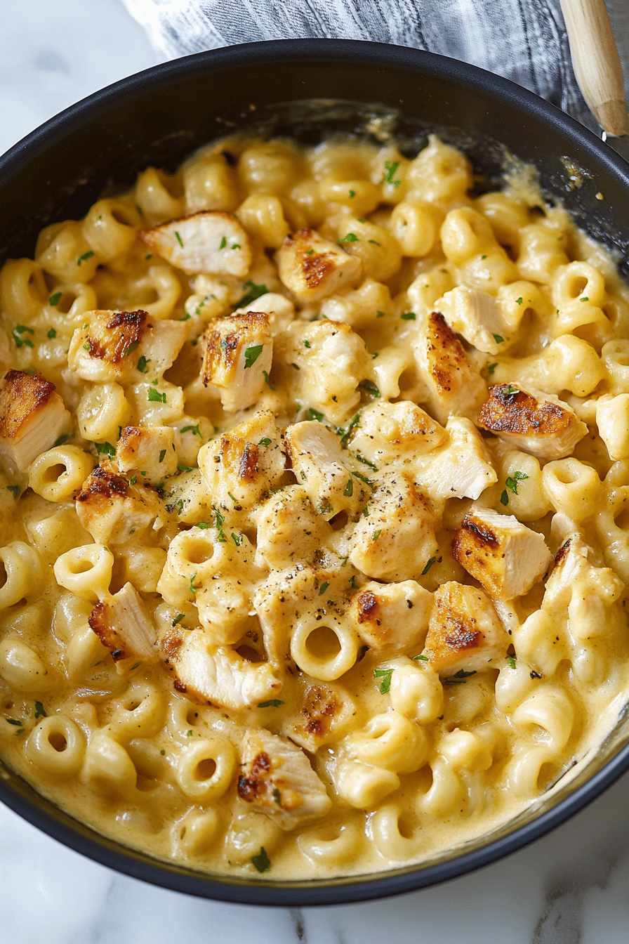 Chicken Mac and Cheese Recipe ingredients organized and measured on kitchen counter