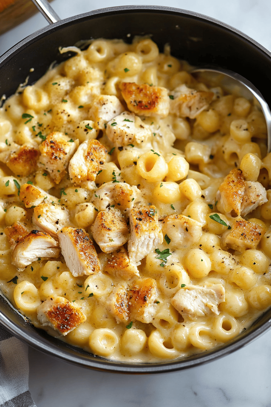 Chicken Mac and Cheese Recipe slice on plate showing perfect texture and swirl pattern
