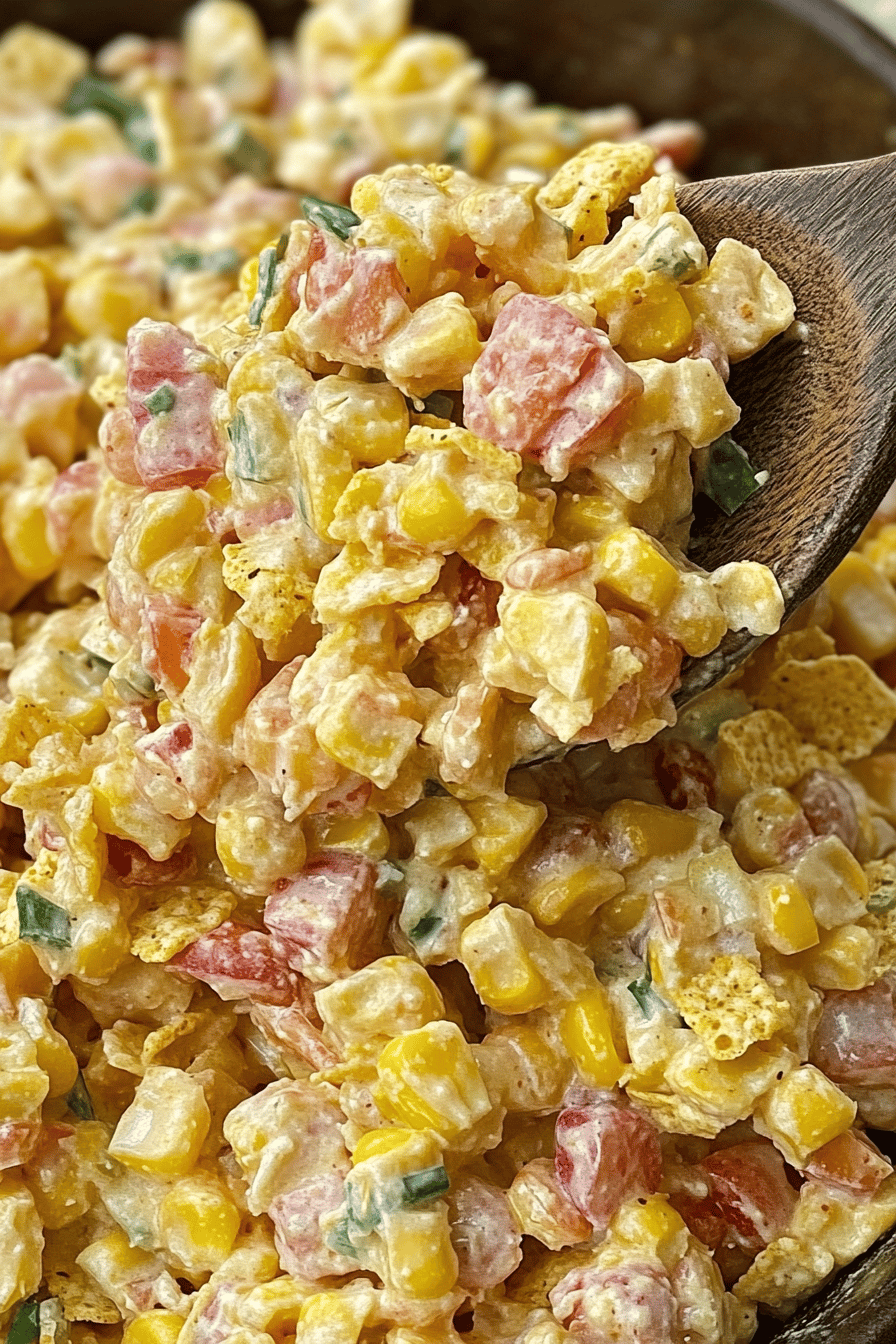 Fritos Corn Salad Recipe slice on plate showing perfect texture and swirl pattern