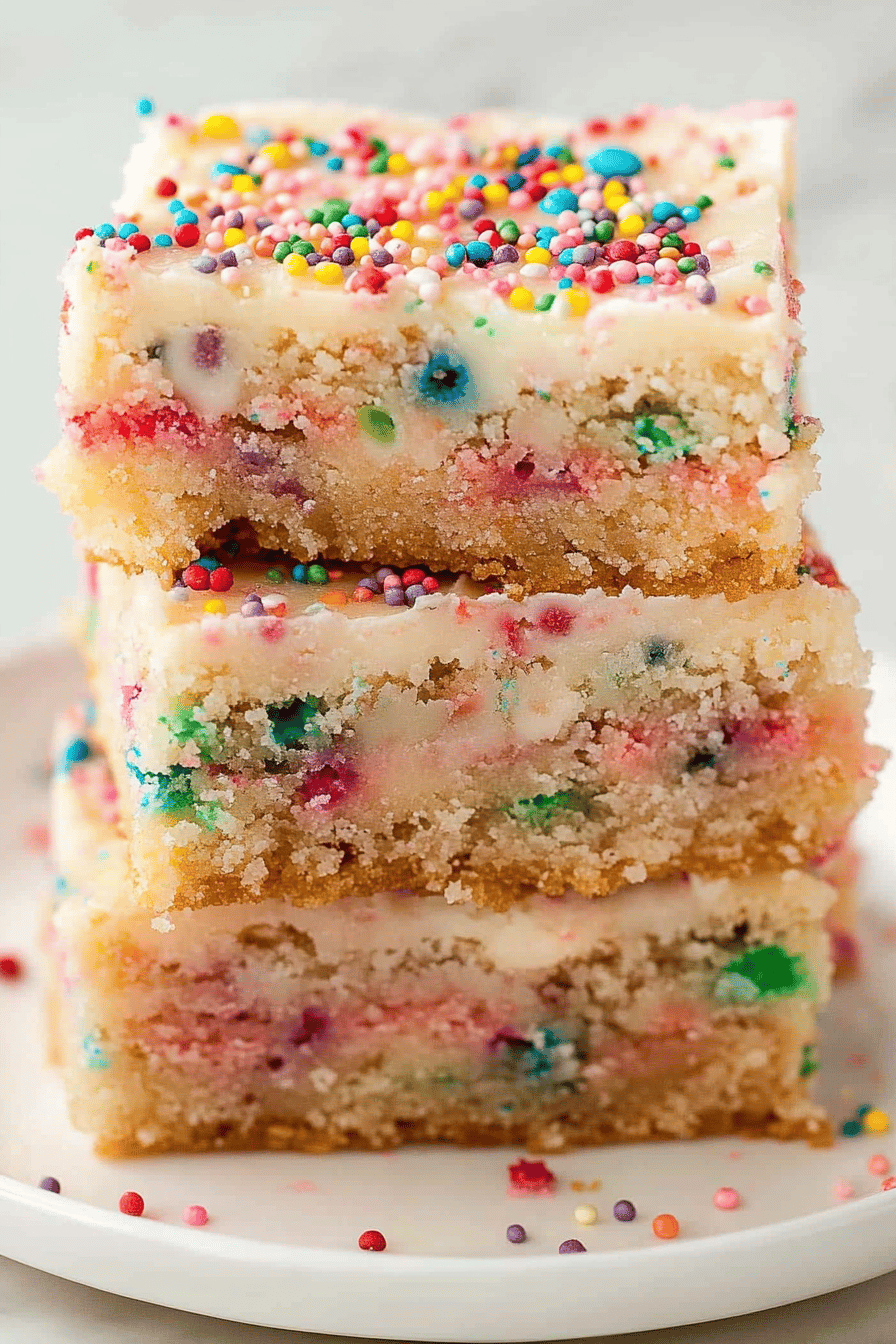 Funfetti Cake Batter Cookie Bars slice on plate showing perfect texture and swirl pattern