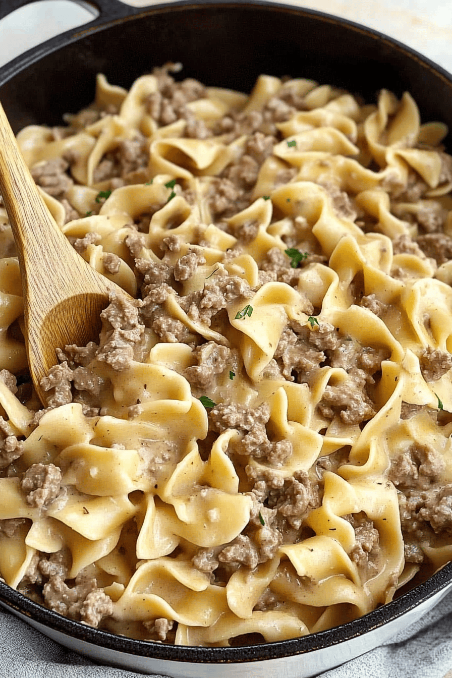 Ground Beef Stroganoff Recipe slice on plate showing perfect texture and swirl pattern