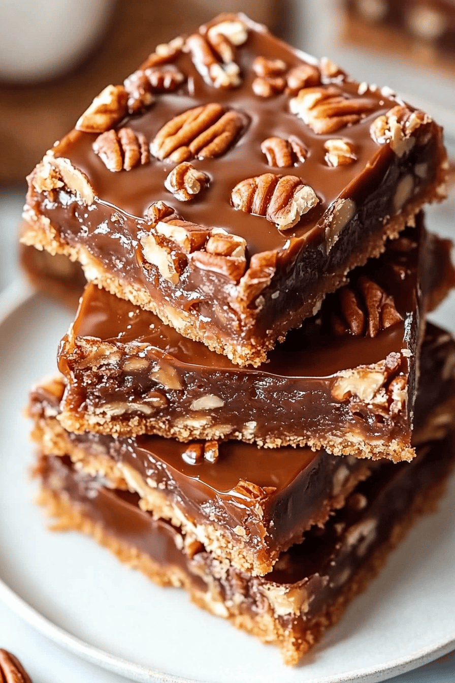 Pecan Turtle Bars slice on plate showing perfect texture and swirl pattern