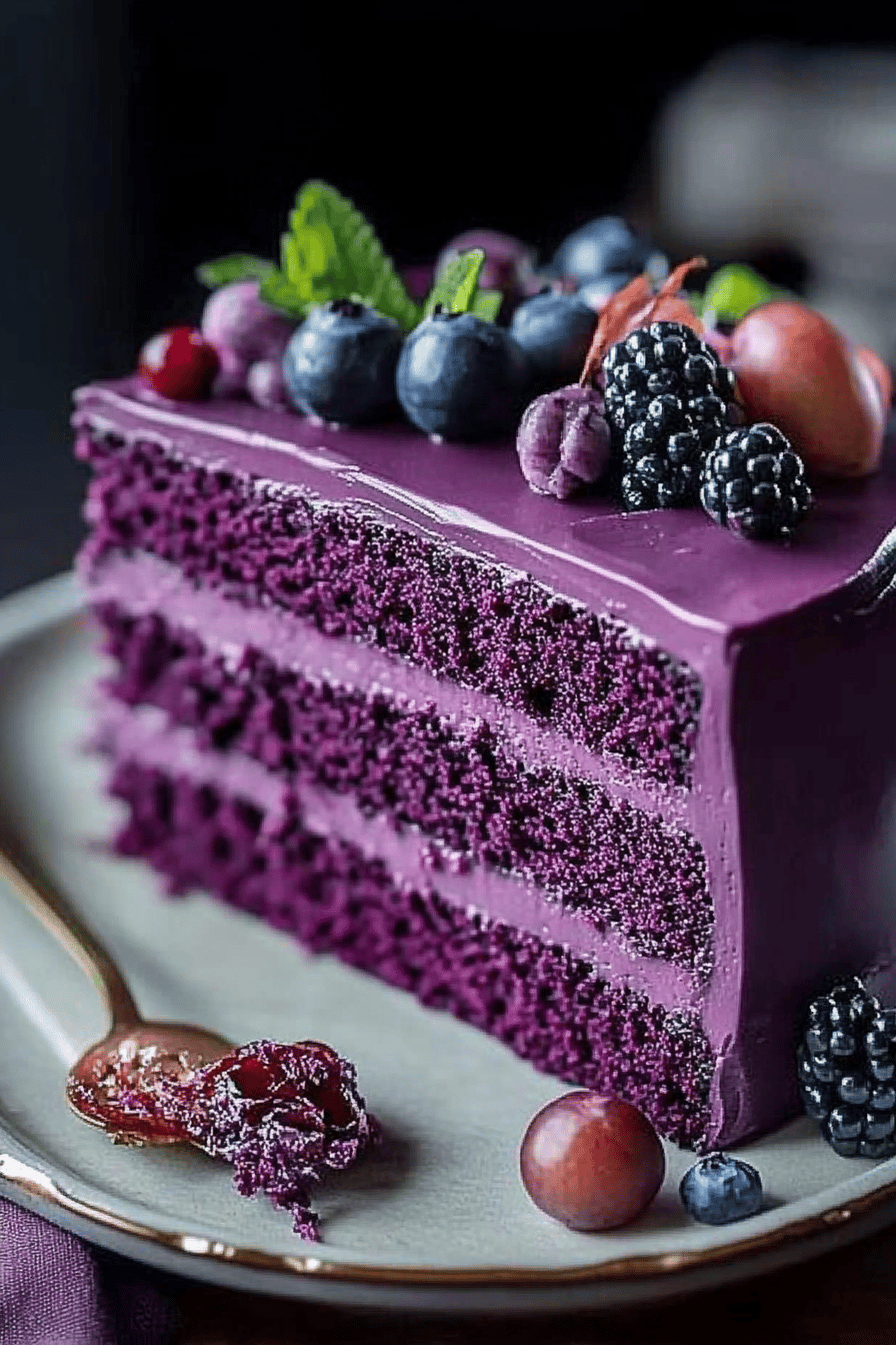 Purple Velvet Cake Recipe slice on plate showing perfect texture and swirl pattern