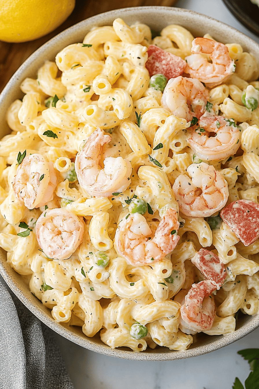 Shrimp Macaroni Salad ingredients organized and measured on kitchen counter