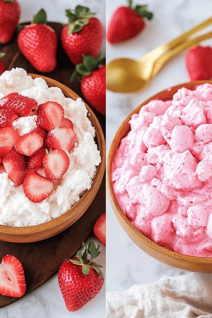 Strawberry Fluff Salad Recipe ingredients organized and measured on kitchen counter