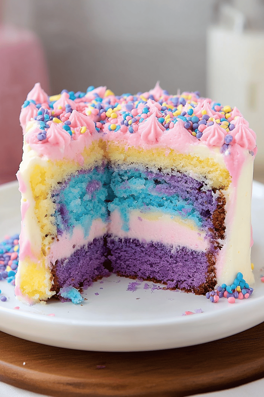 Unicorn Poke Cake slice on plate showing perfect texture and swirl pattern