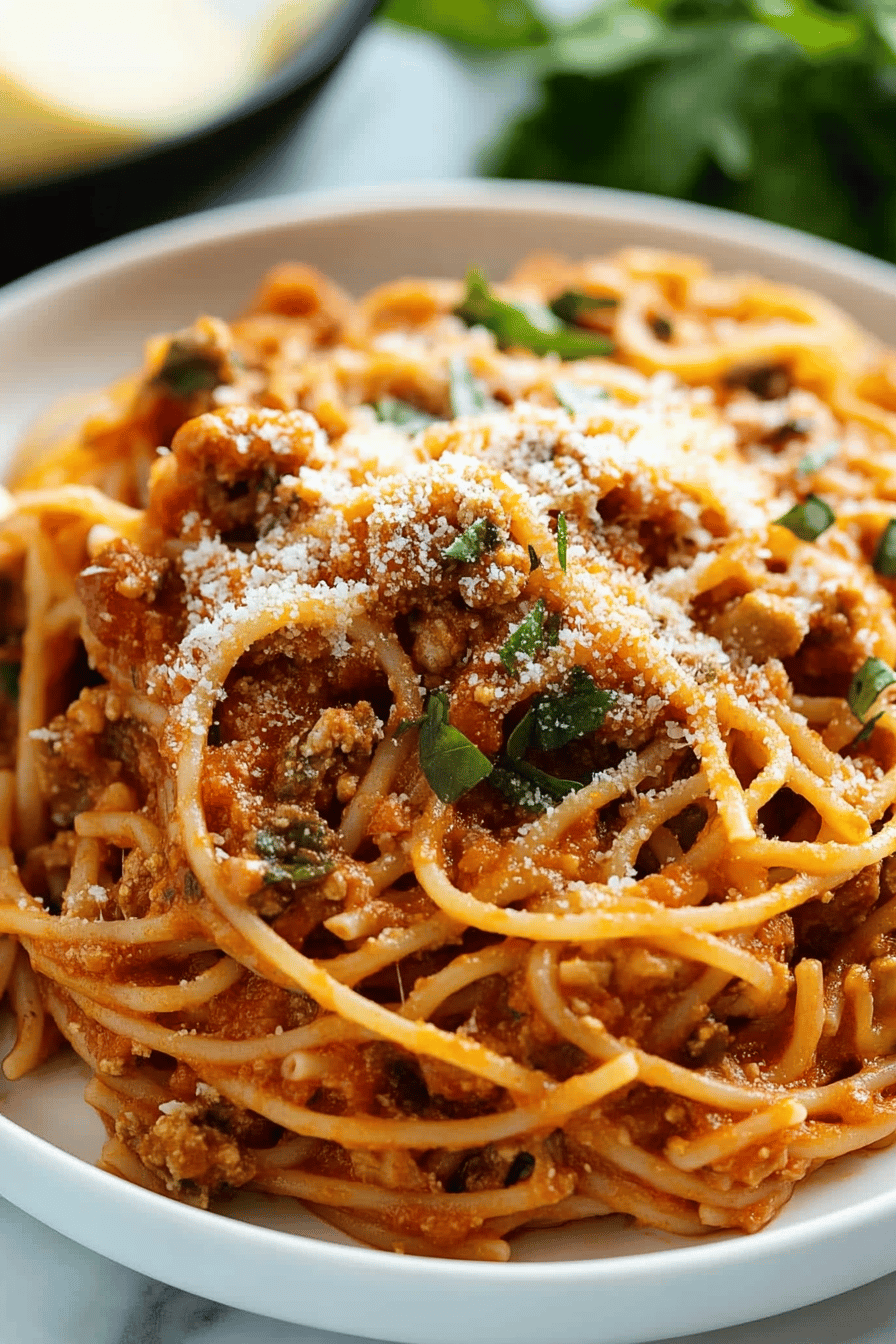 one-pot spaghetti ingredients organized and measured on kitchen counter