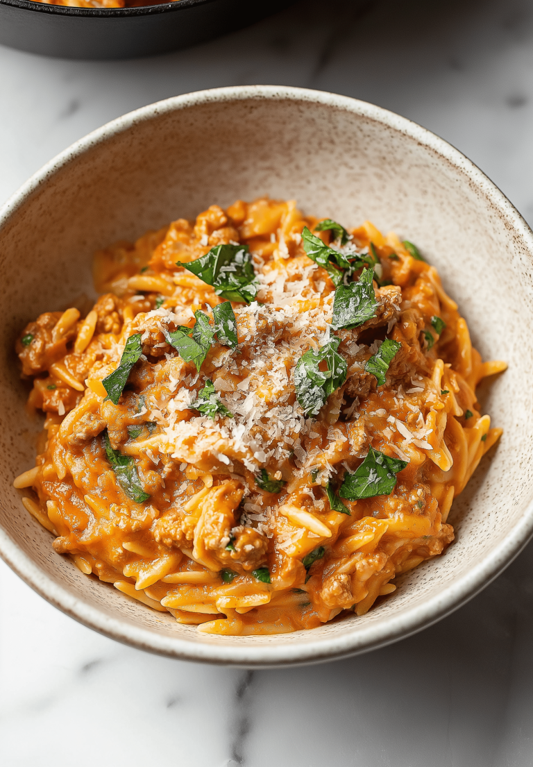 GROUND BEEF ORZO WITH TOMATO CREAM SAUCE